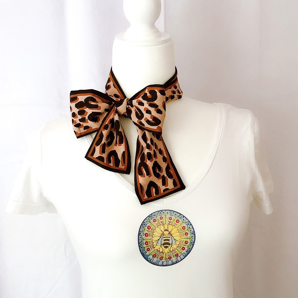 Skinny Brown & Black Leopard Print Soft Silk Scarf Tie Bag, Belt, Headband NEW